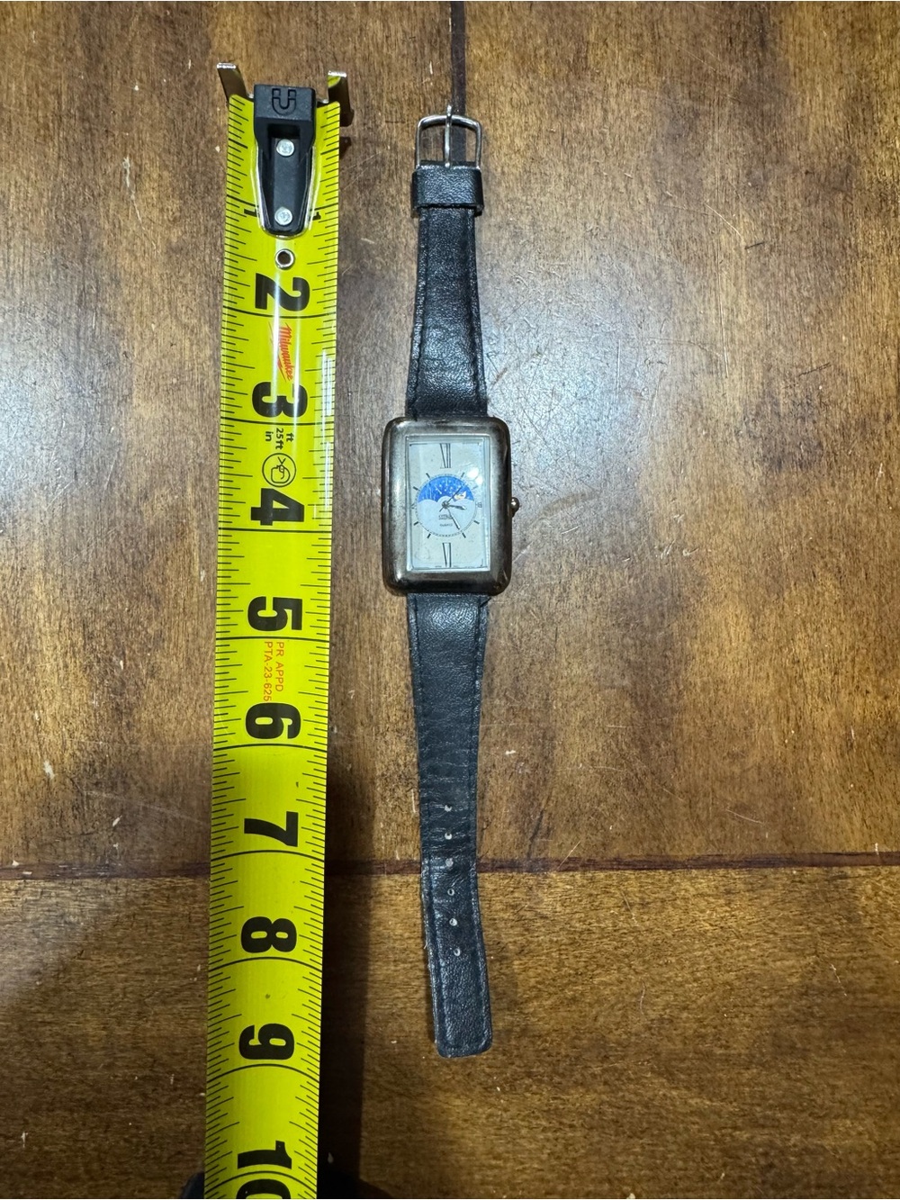 Citron Black Leather-Strap Rectangular Watch with Moonphase Accent